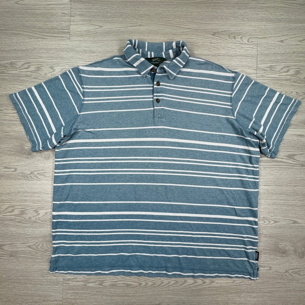 Woolrich Men's Polo Shirt XL Blue White Striped Short Sleeve Cotton Casual
